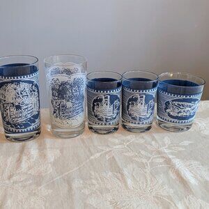 Mixed Lot of 5 VTG Currier & Ives White Royal China Frosted Glasses Blue & White
